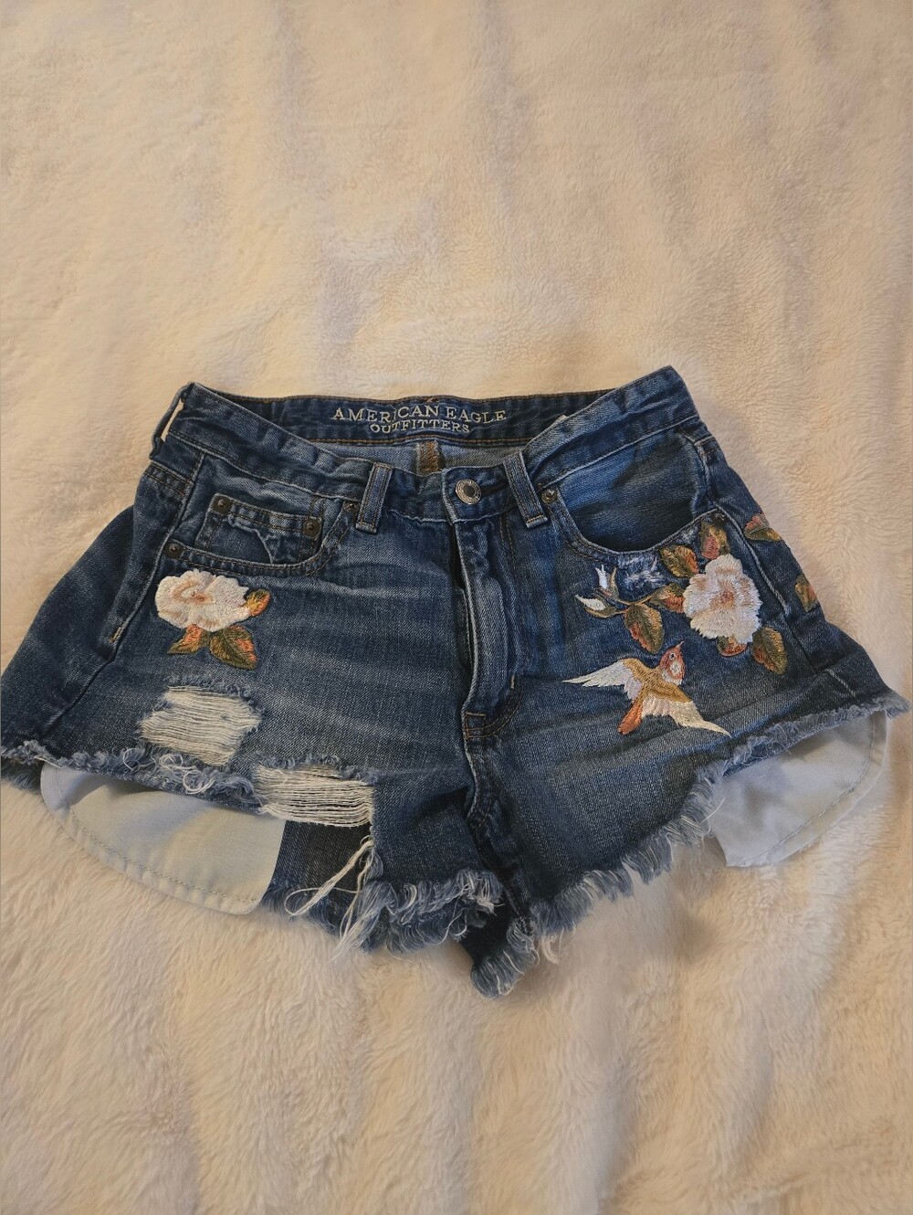 American Eagle Dark Blue Floral Embroidered Denim Shorts